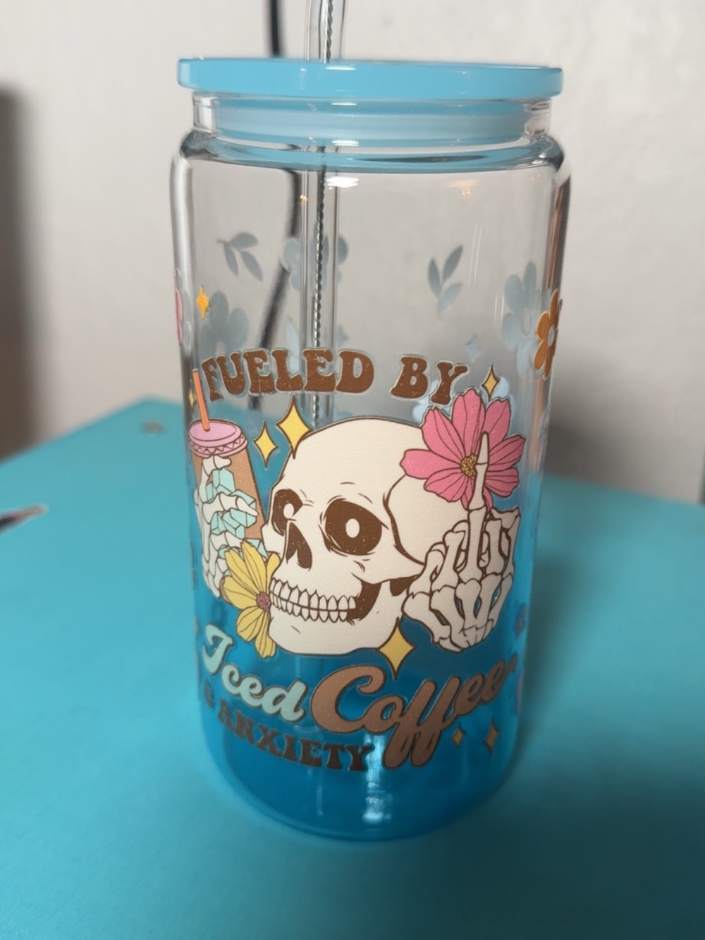 Blue Skull Floral Iced Coffee Tumbler - Fueled By Iced Coffee